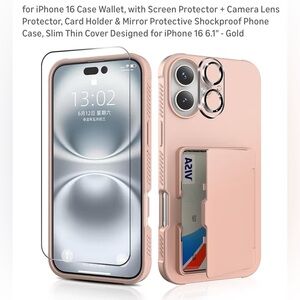 Rose Gold iPhone 16 Case with Card Holder and Mirror